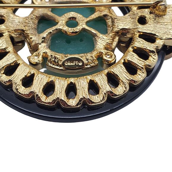 Gem Craft Green & Black Brooch Deco Carved Stone Pave Crystal Faux Jade Pin Vtg - Picture 8 of 8